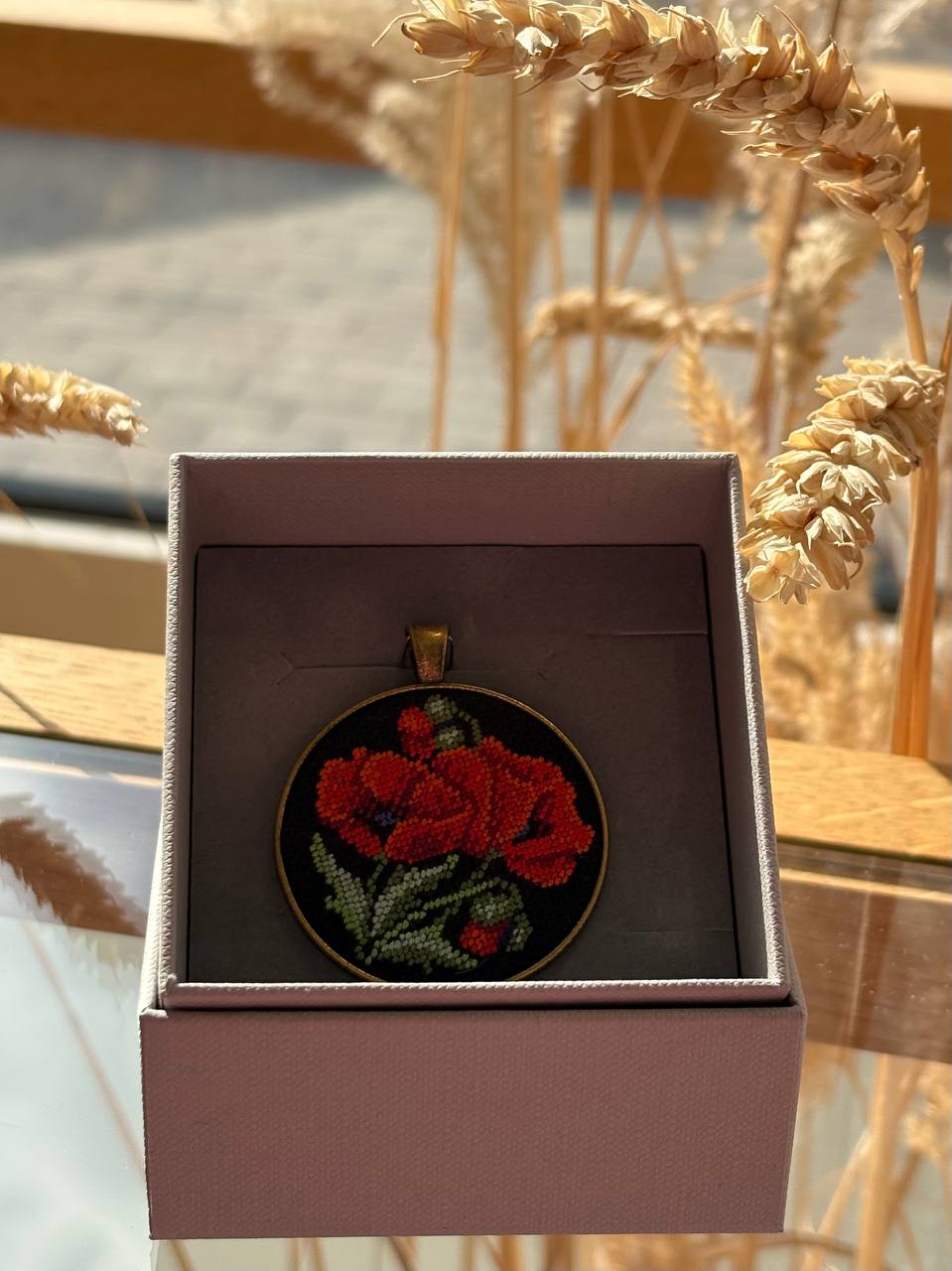 Embroidered Poppy Pendant – Ukrainian Floral Jewelry