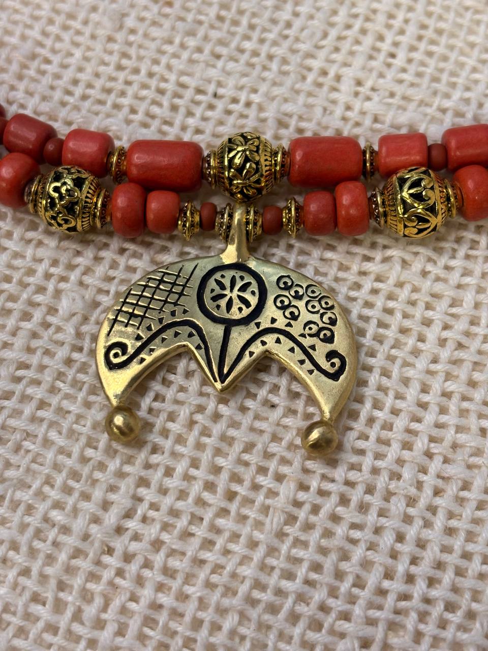 Ukrainian Folk Necklace, Red Ceramic Bead Necklace, Brass Pendant Jewelry, Ethnic Statement Necklace, Traditional Slavic Jewelry