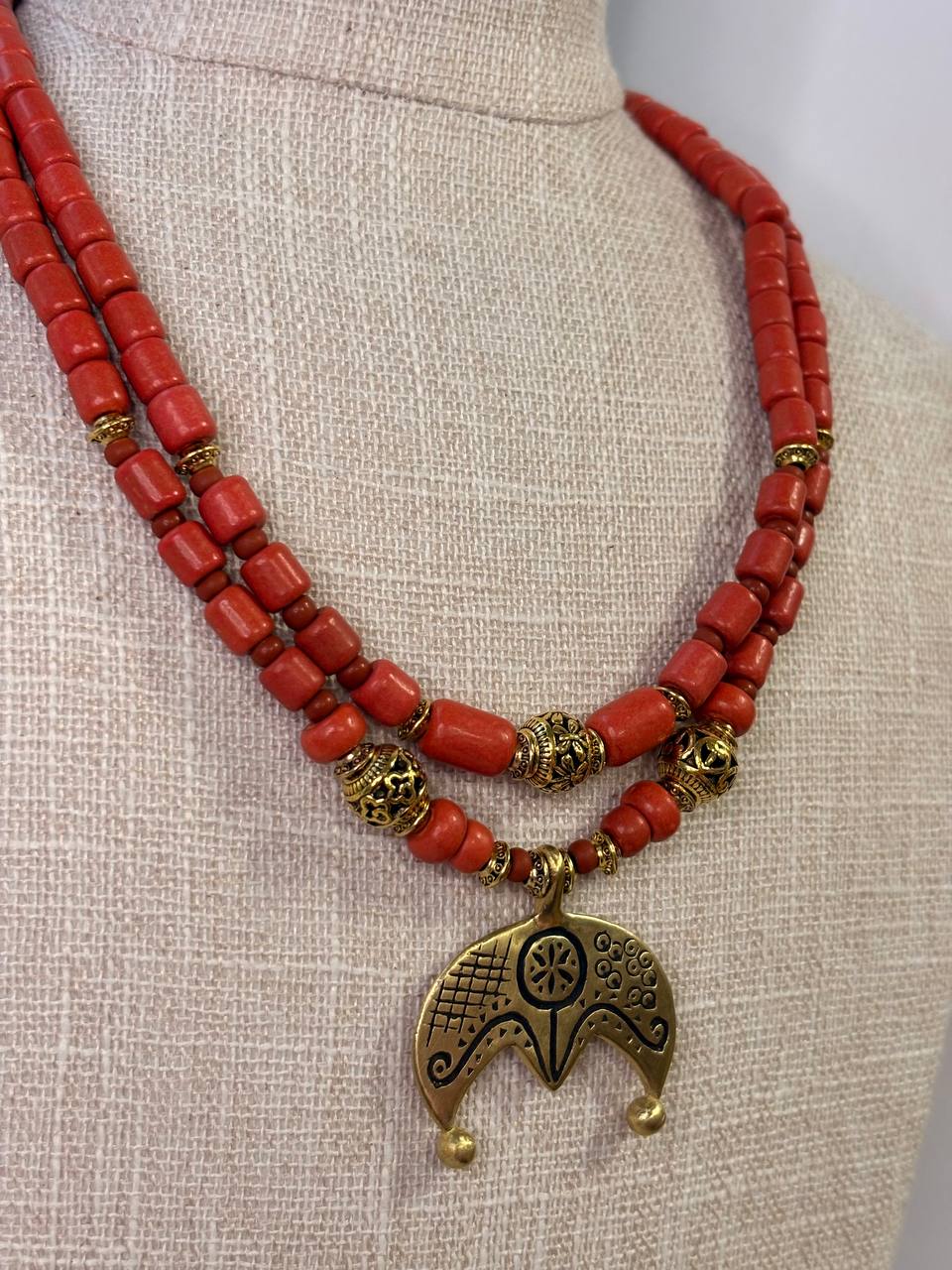 Ukrainian Folk Necklace, Red Ceramic Bead Necklace, Brass Pendant Jewelry, Ethnic Statement Necklace, Traditional Slavic Jewelry