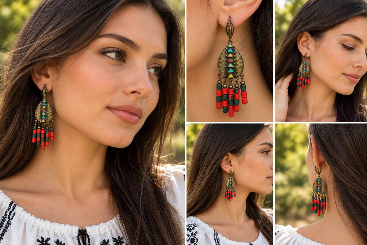 Pendientes rojos ucranianos hechos a mano con cuentas de cerámica - Joyería étnica tradicional