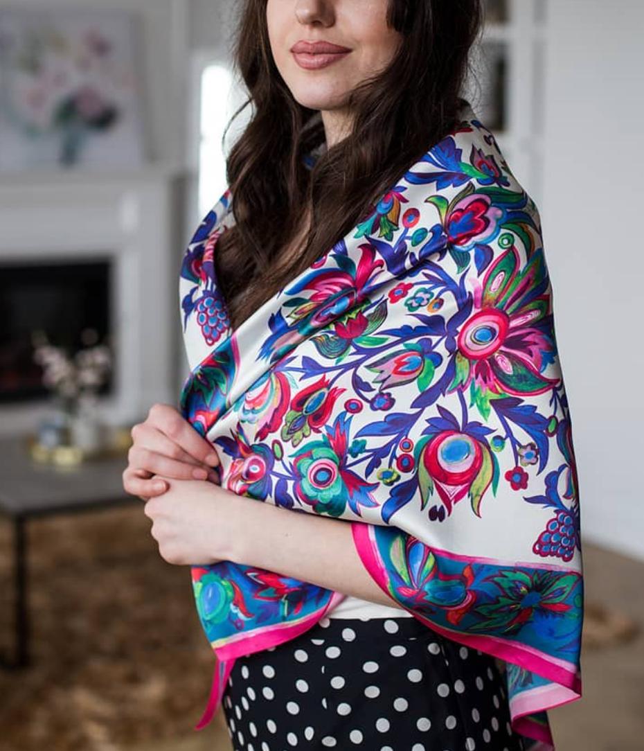 Bohemian Silk 100% shawl Artichoke Collection Hand painted Christmas