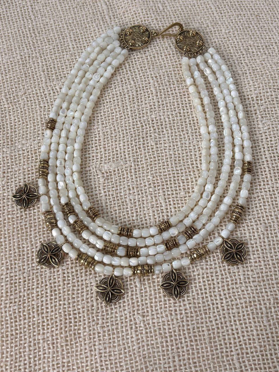 White Mother of Pearl Necklace, Ukrainian Ethnic Jewelry, Multi Strand Beaded Necklace, Antique Brass Floral Charms