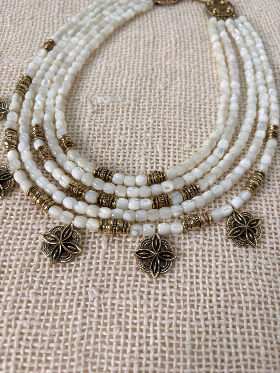 White Mother of Pearl Necklace, Ukrainian Ethnic Jewelry, Multi Strand Beaded Necklace, Antique Brass Floral Charms