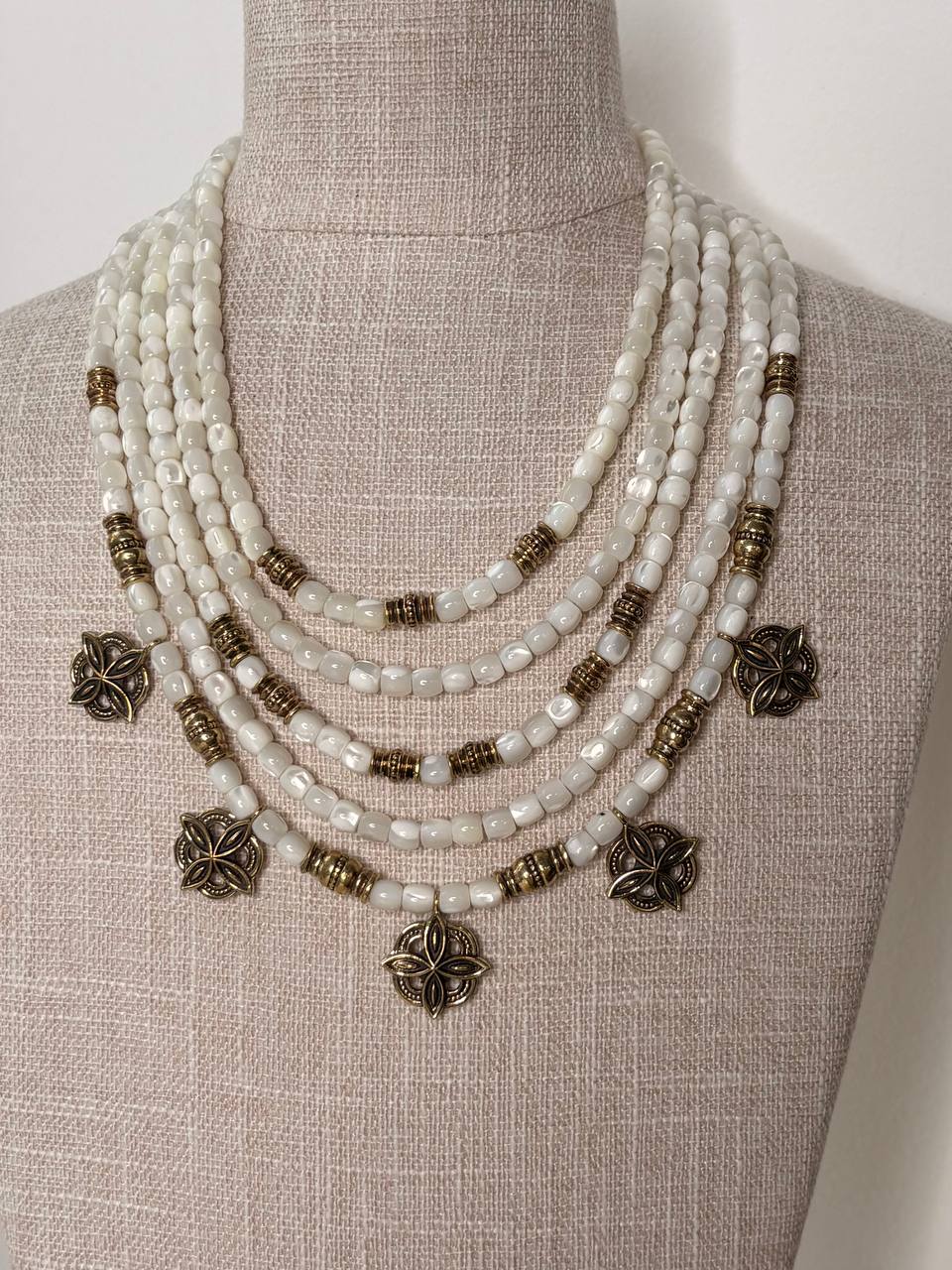 White Mother of Pearl Necklace, Ukrainian Ethnic Jewelry, Multi Strand Beaded Necklace, Antique Brass Floral Charms