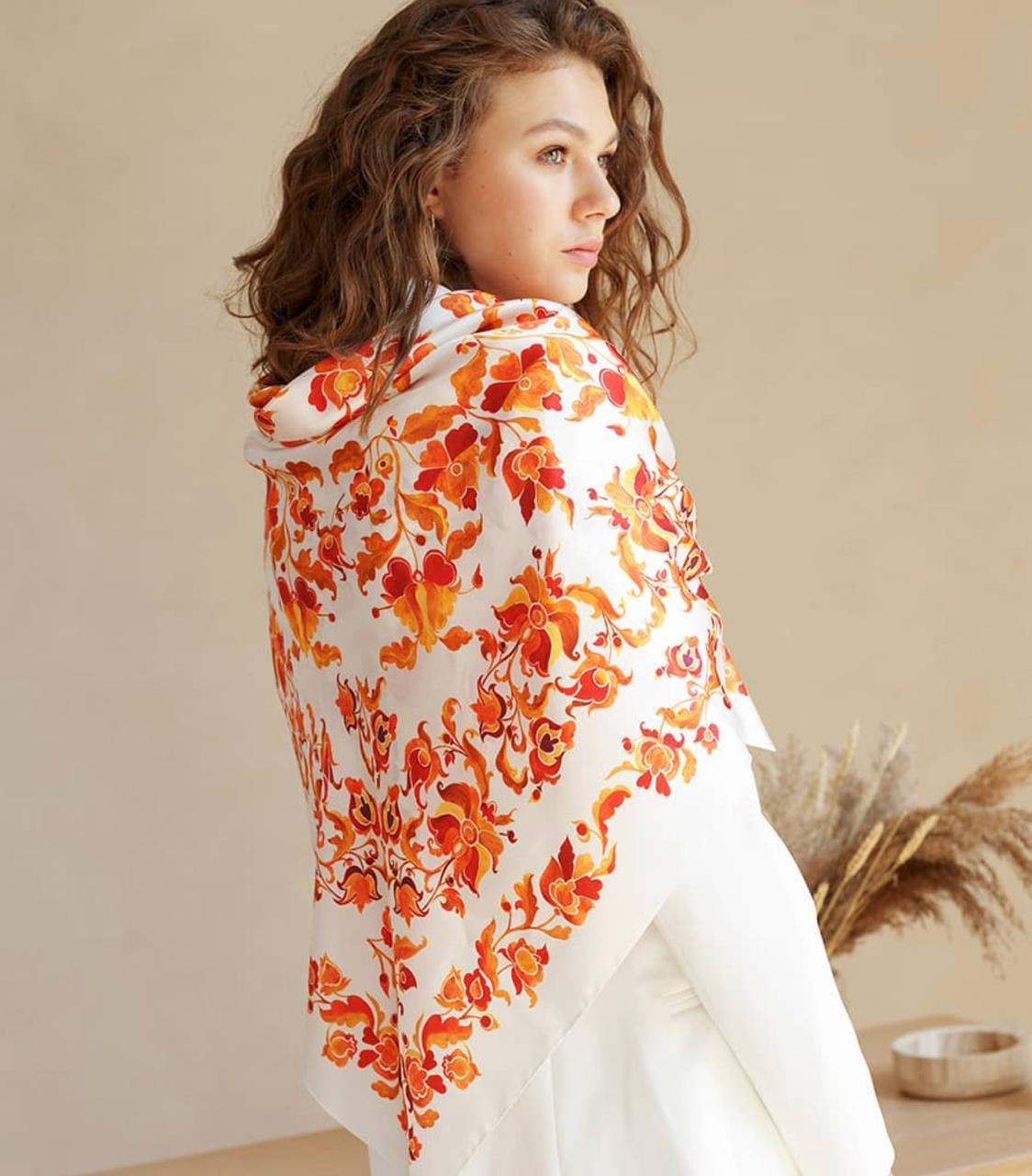 Bohemian Silk 100% shawl orange Gift for Her Hand painted Silk scarf Christmas Gift