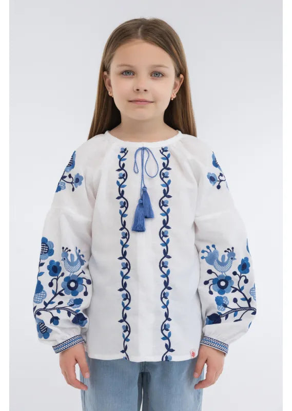 Embroidered Girls' blouse shirt Kvitkova with blue embroidery on white linen shirt for Girl