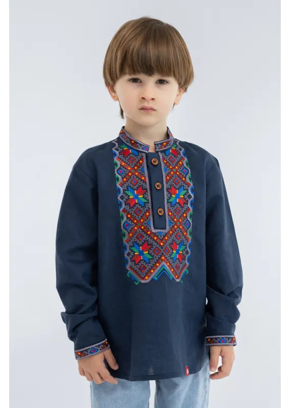 Ukrainian Vyshyvanka Shirt for Boys Blue Embroidered