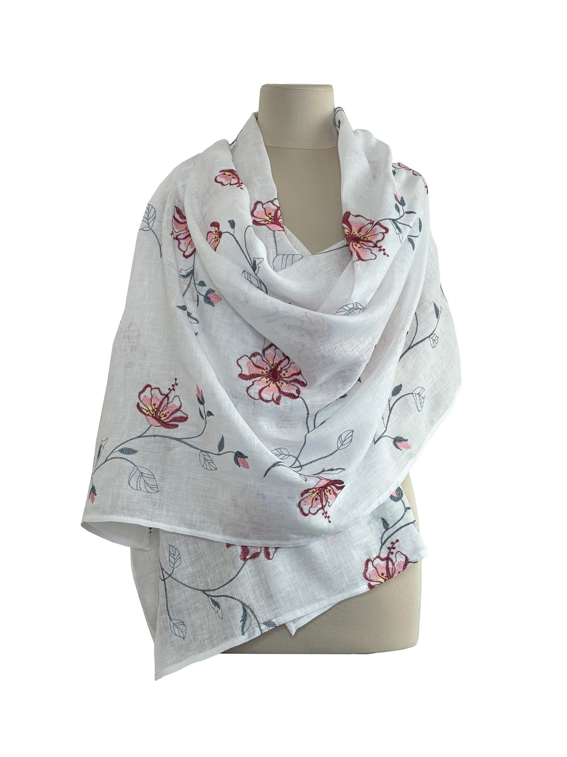 Lightweight White Ukrainian Shawl with Floral Embroidery - Ethnic Folk Scarf for Women