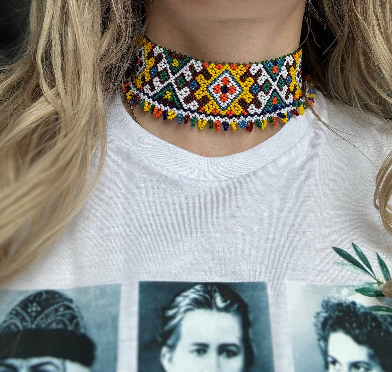 traditional Ukrainian beaded necklace featuring a colorful floral ornament