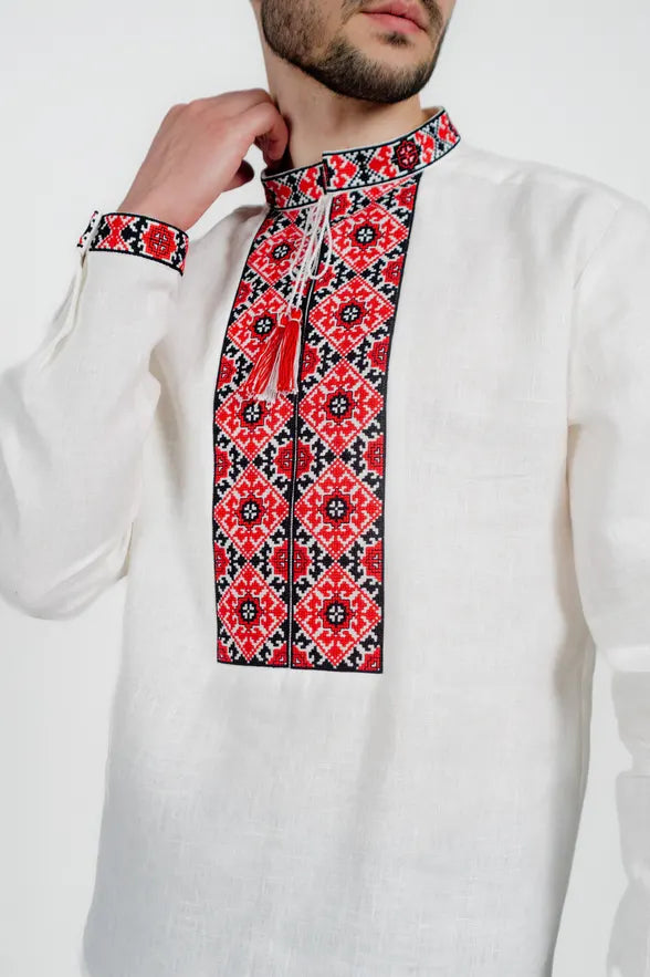 White Classic embroidered men's shirt Mens Embroidered Shirt Amulite