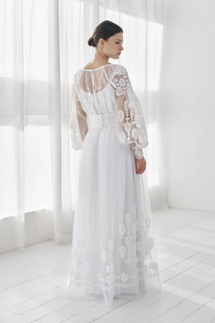 White Maxi Dress Ukrainian with white Embroidery Boho Wedding