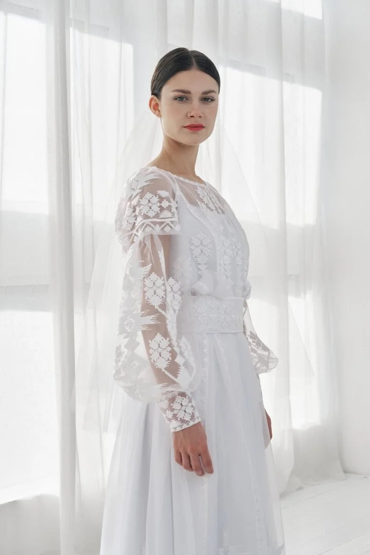 White Maxi Dress Ukrainian with white Embroidery Boho Wedding