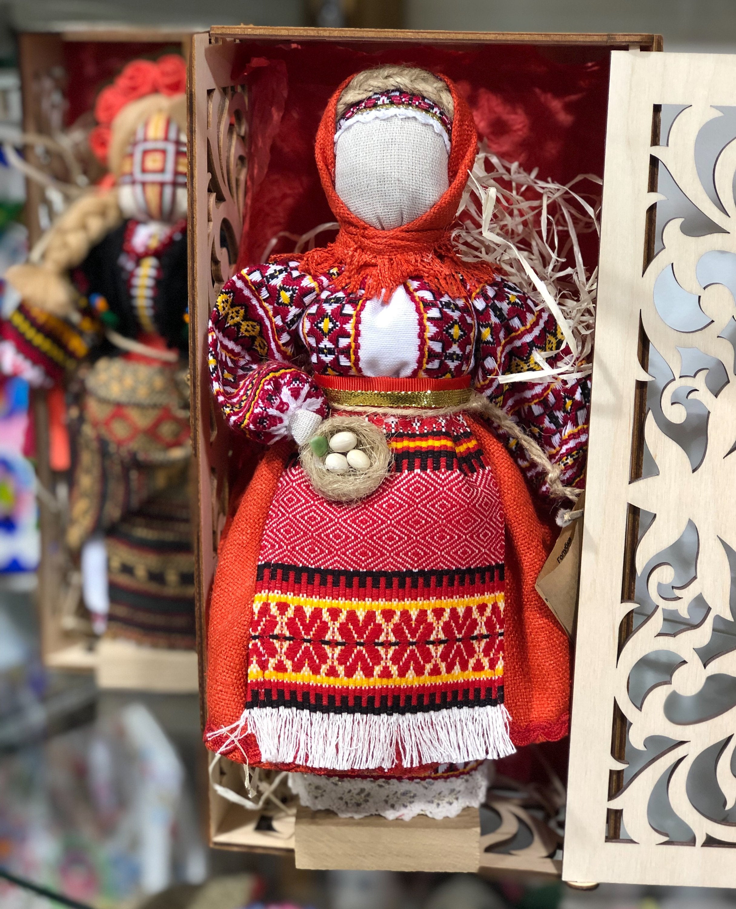 Handmade Motanka Doll on Wooden Stand Ukrainian gift