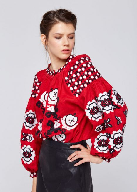Red Ukrainian Vyshyvanka Boho Linen Blouse | Ukrainian Folk Embroidery