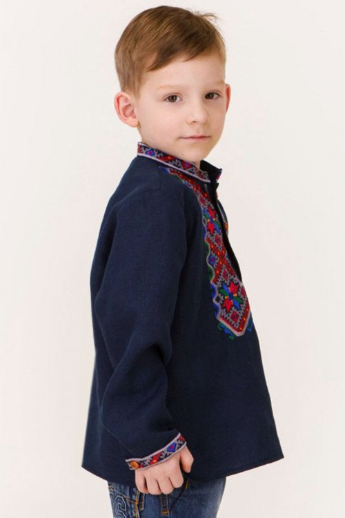 Ukrainian Vyshyvanka Shirt for Boys Blue Embroidered