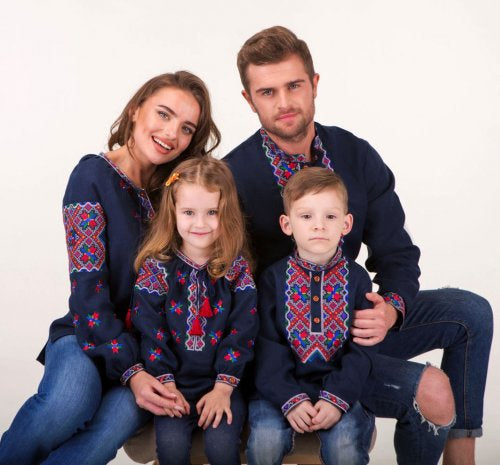 Blue Linen Embroidered Ukrainian Vyshyvanka Blouse for Girls