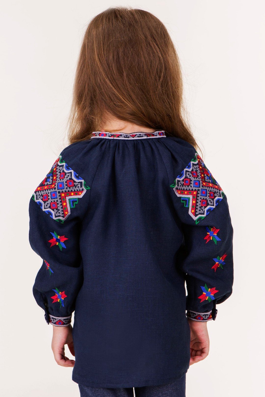 Blue Linen Embroidered Ukrainian Vyshyvanka Blouse for Girls