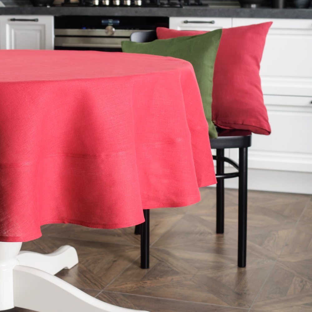 Ukrainian Embroidered Round Tablecloth - 150 cm, Red