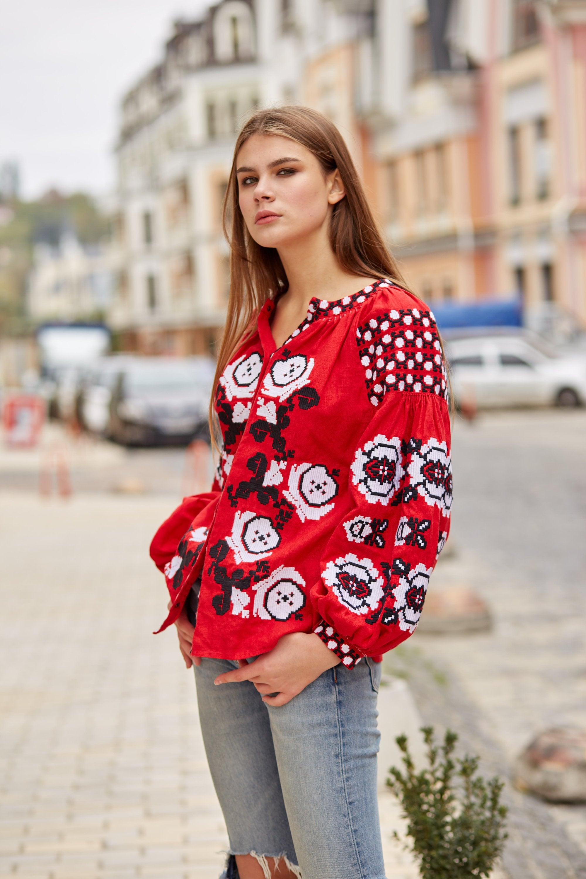 Red Ukrainian Vyshyvanka Boho Linen Blouse | Ukrainian Folk Embroidery