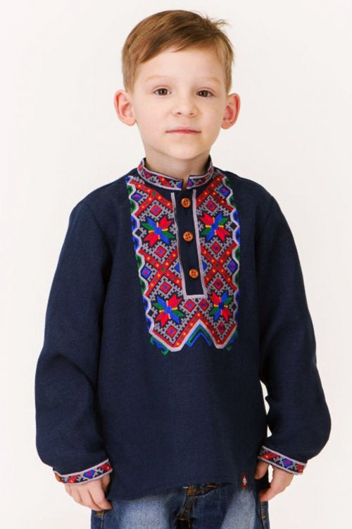 Ukrainian Vyshyvanka Shirt for Boys Blue Embroidered