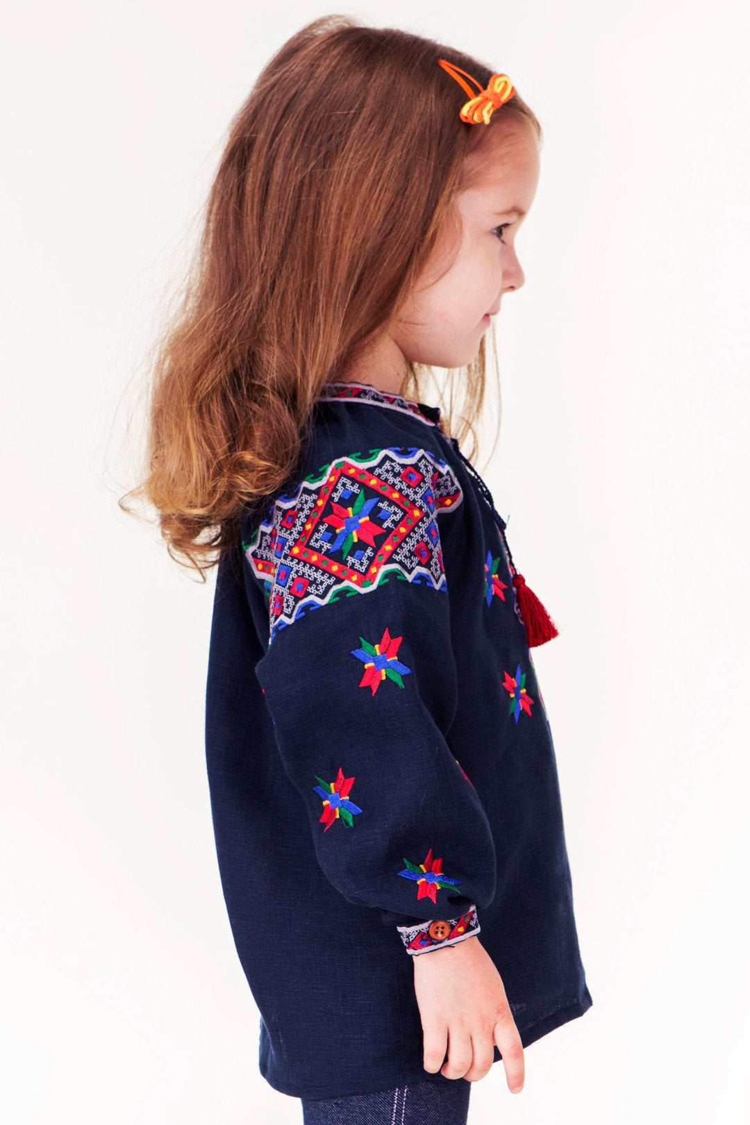 Blue Linen Embroidered Ukrainian Vyshyvanka Blouse for Girls