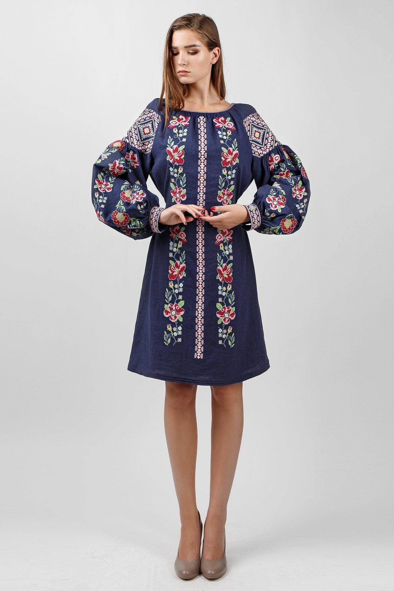 Blue Embroidered Ukrainian Vyshyvanka Boho Dress