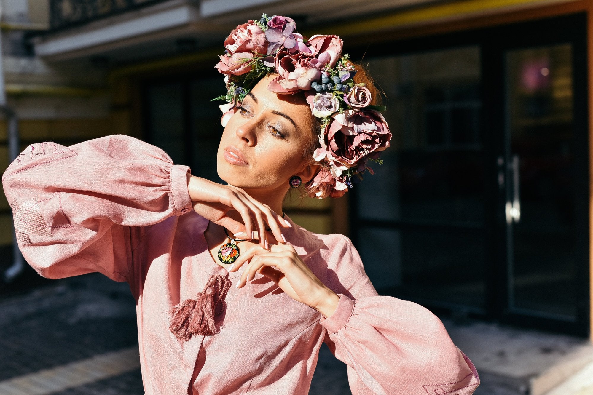 Colorful Floral Crown - Pink & Deep Purple Boho Wedding Headband
