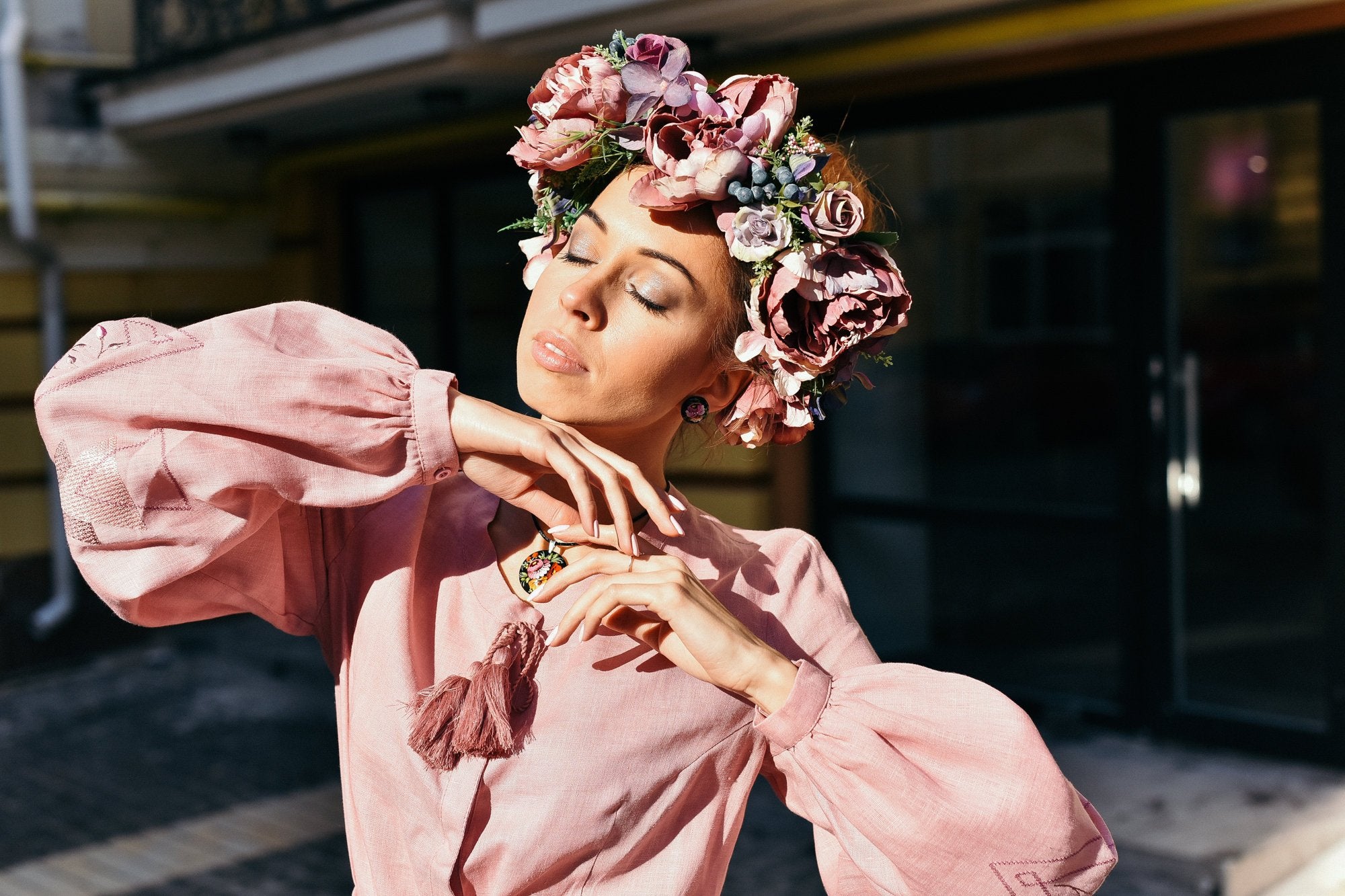 Colorful Floral Crown - Pink & Deep Purple Boho Wedding Headband