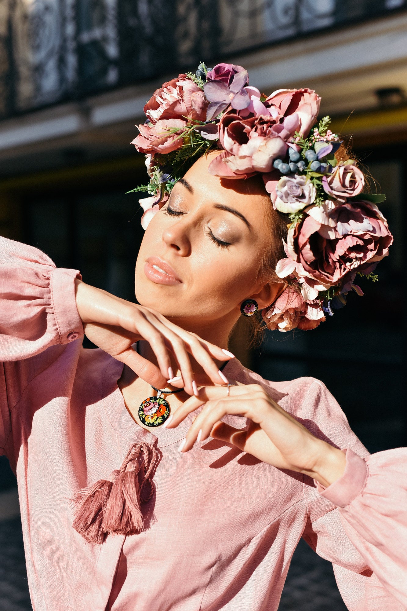 Colorful Floral Crown - Pink & Deep Purple Boho Wedding Headband