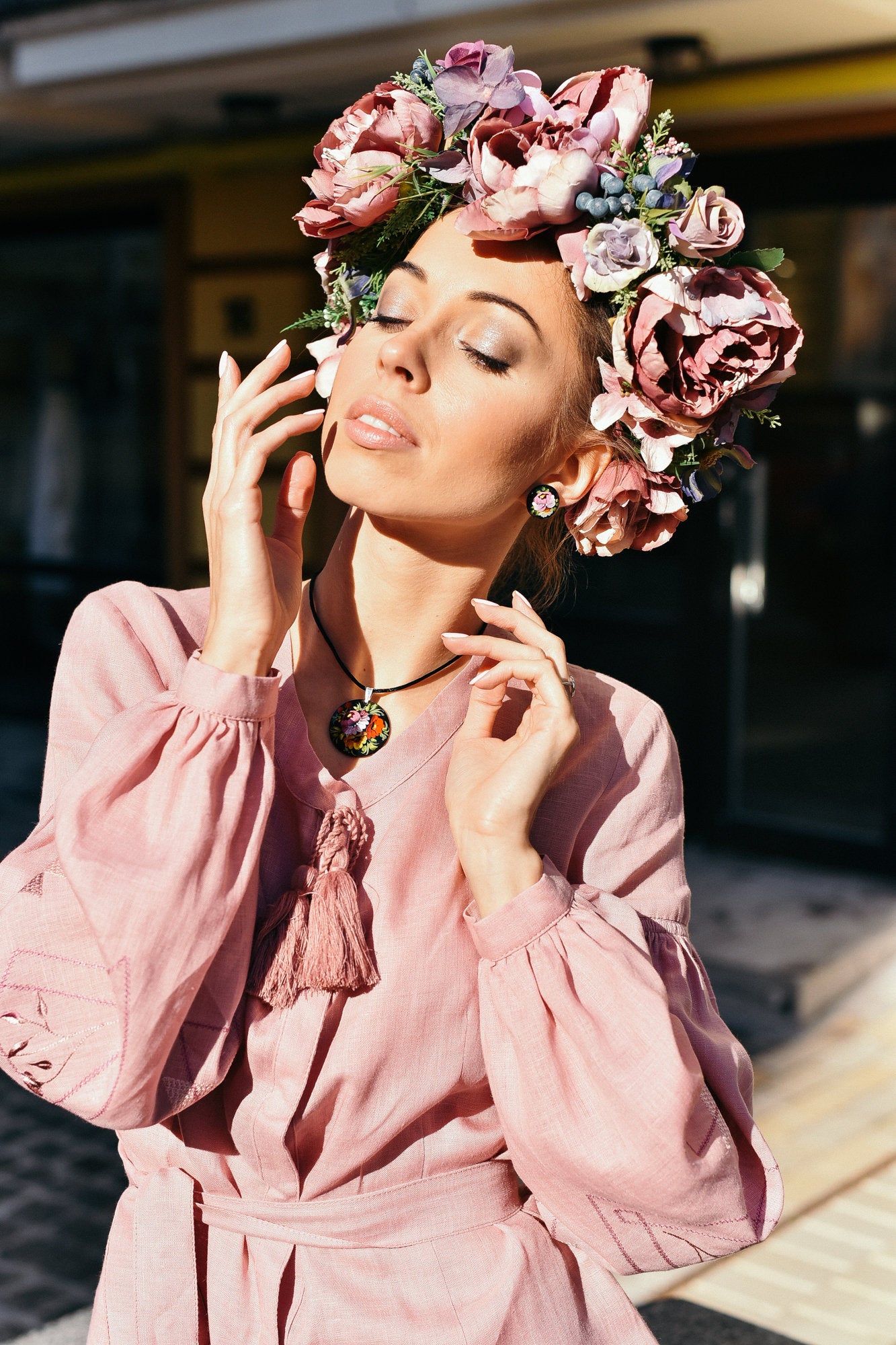 Colorful Floral Crown - Pink & Deep Purple Boho Wedding Headband