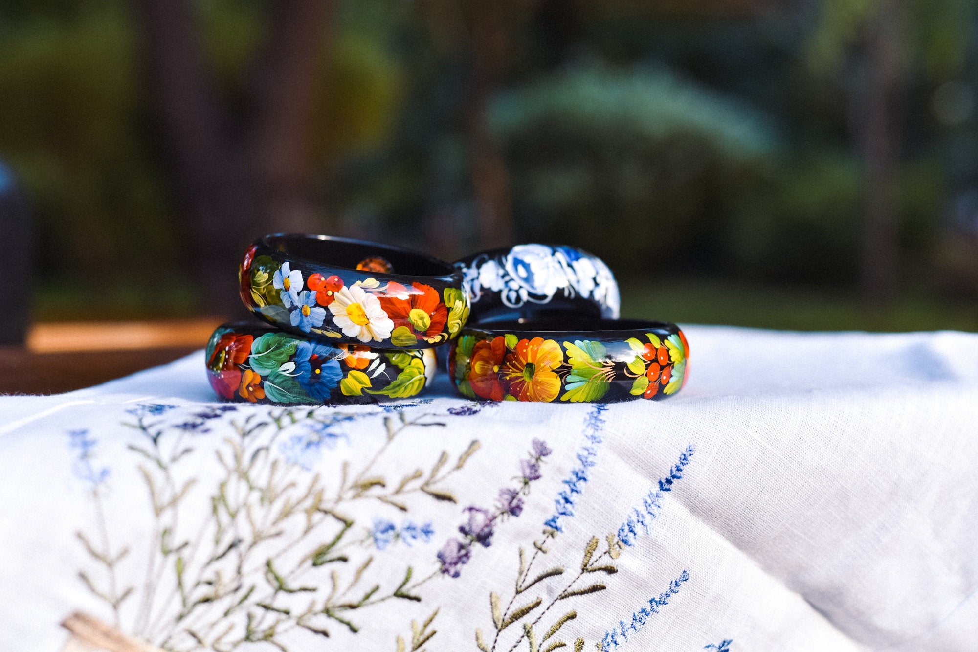Hand-Painted Ukrainian Petrykivka Wooden Bangle Bracelet