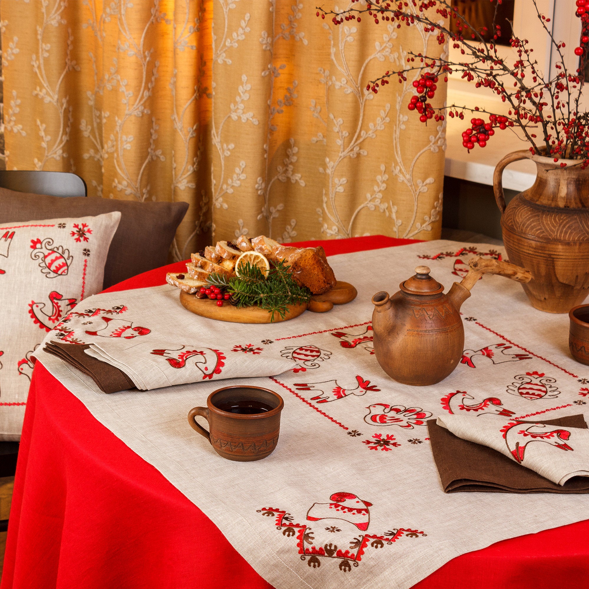 Embroidered Ukrainian Tablecloth - 90x90 cm Christmas Design