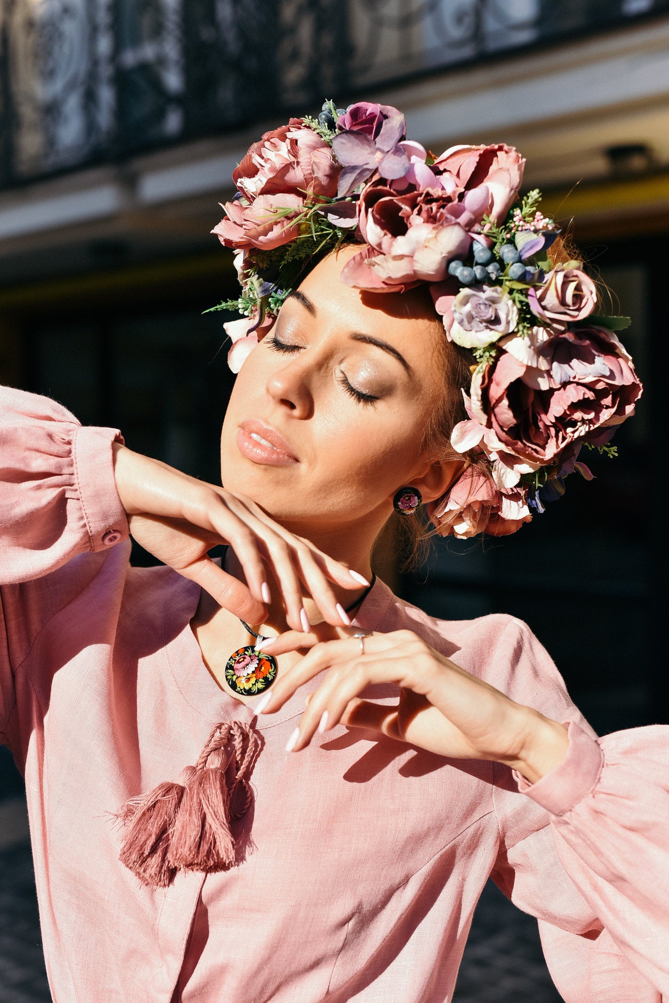 Colorful Floral Crown - Pink & Deep Purple Boho Wedding Headband