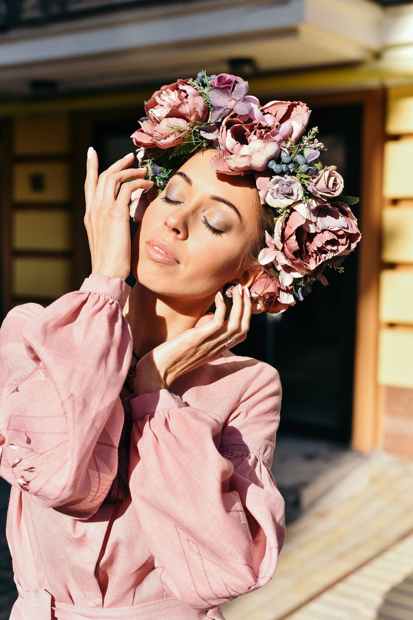 Colorful Floral Crown - Pink & Deep Purple Boho Wedding Headband
