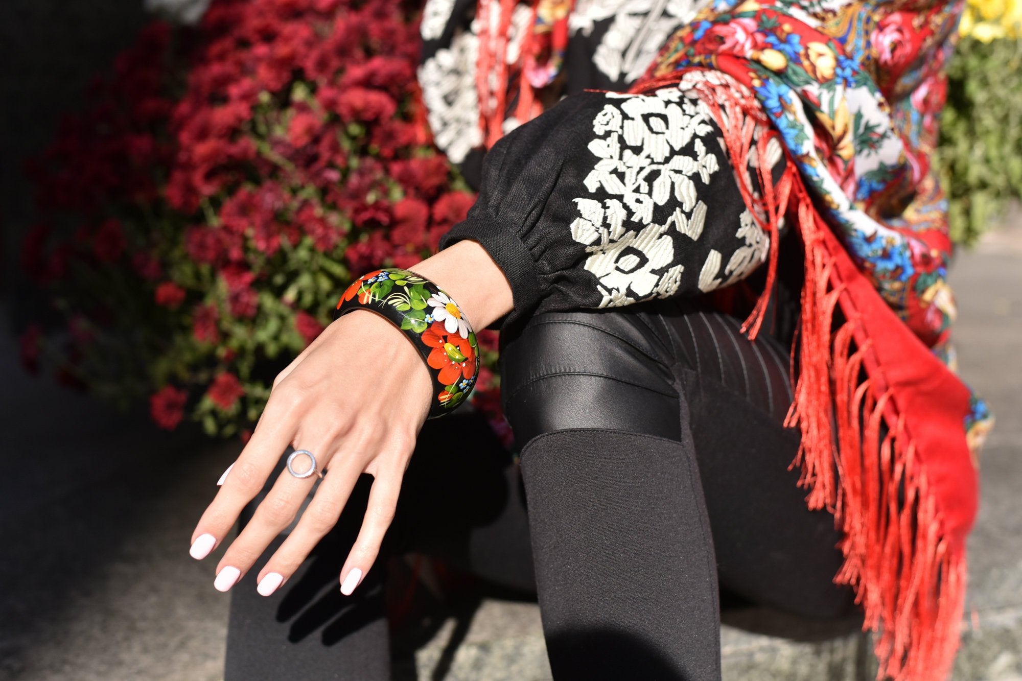 Hand-Painted Ukrainian Petrykivka Wooden Bangle Bracelet