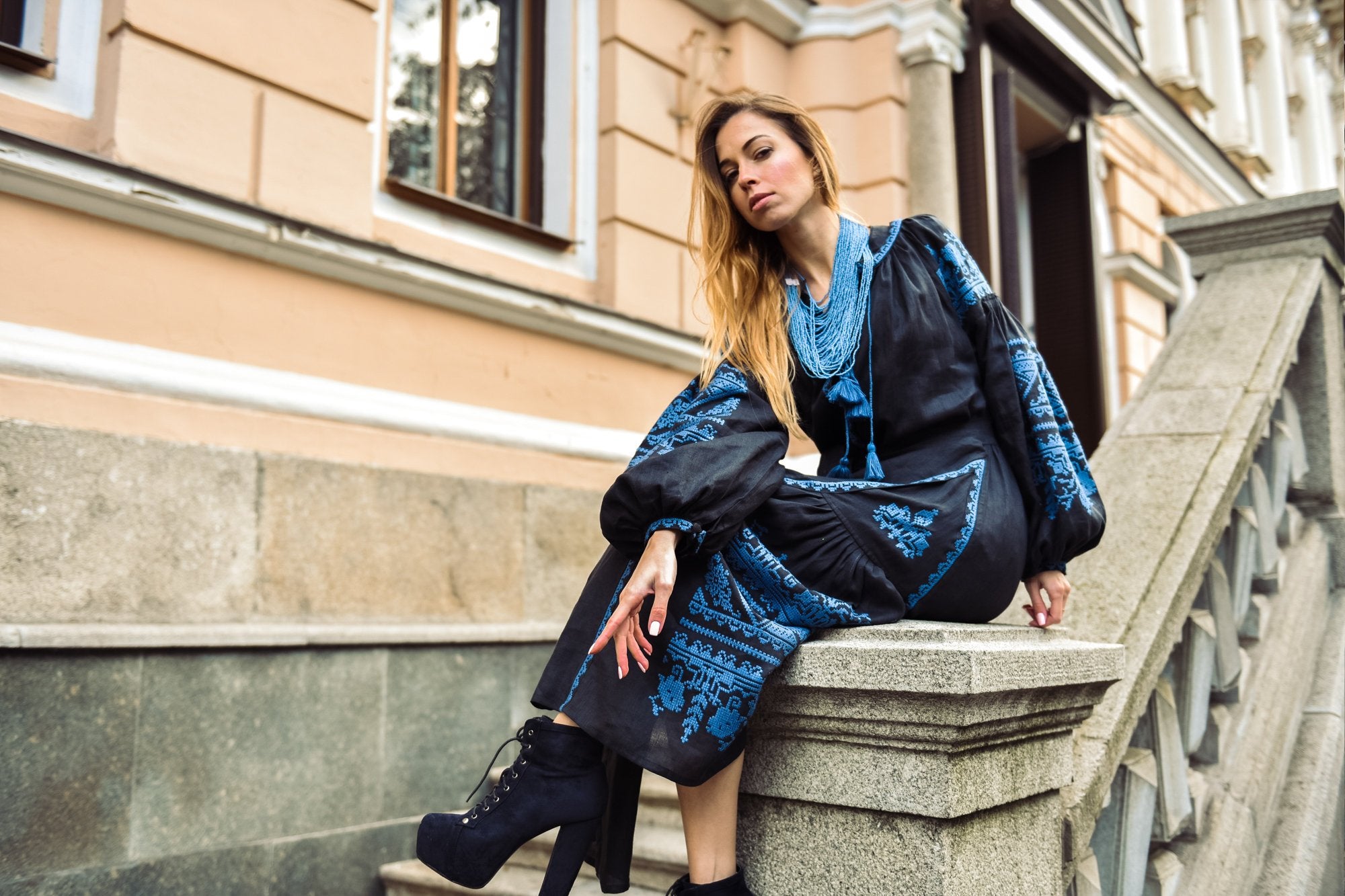 Black Boho Ukrainian Vyshyvanka Dress for Women