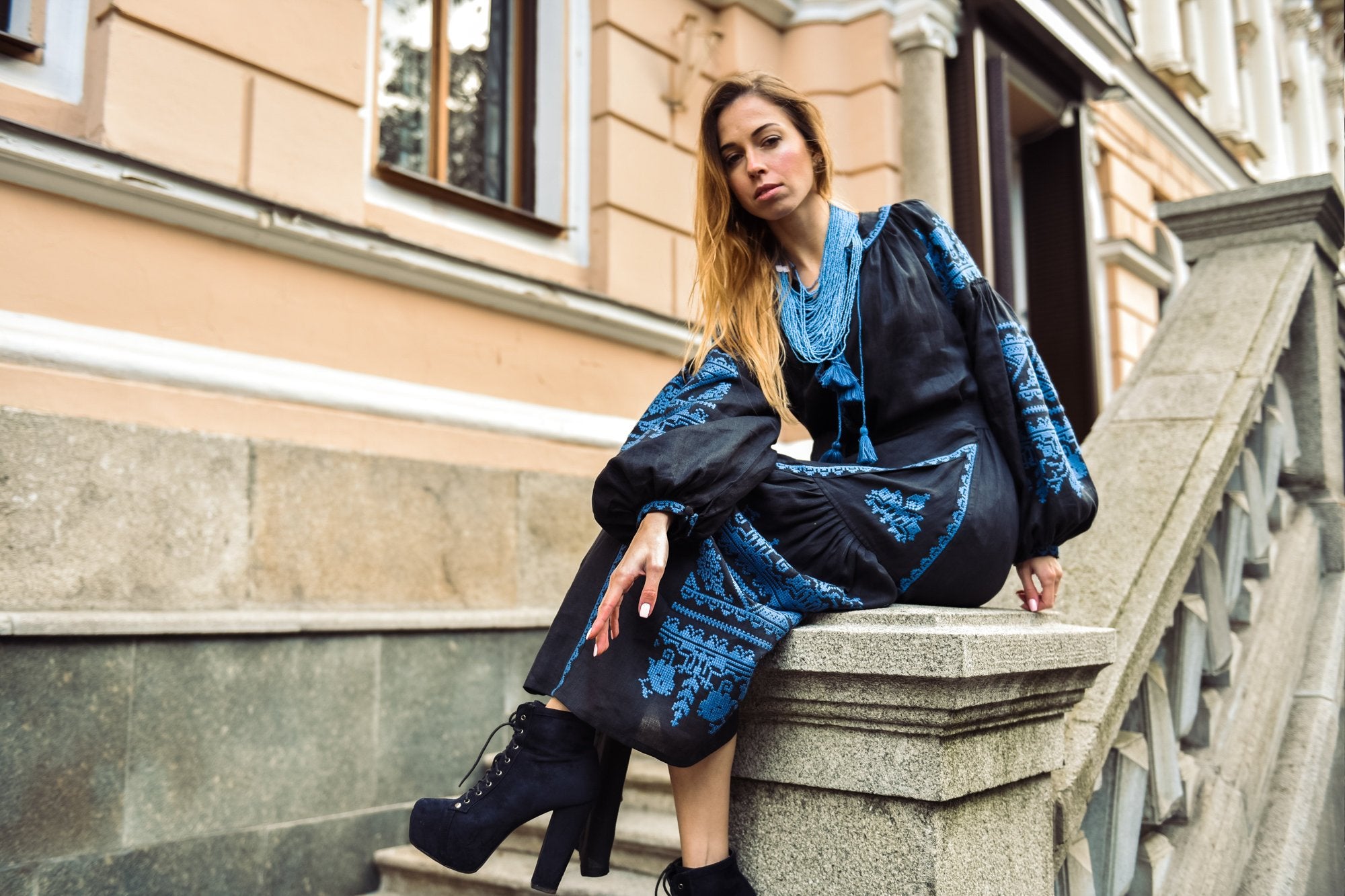 Black Boho Ukrainian Vyshyvanka Dress for Women