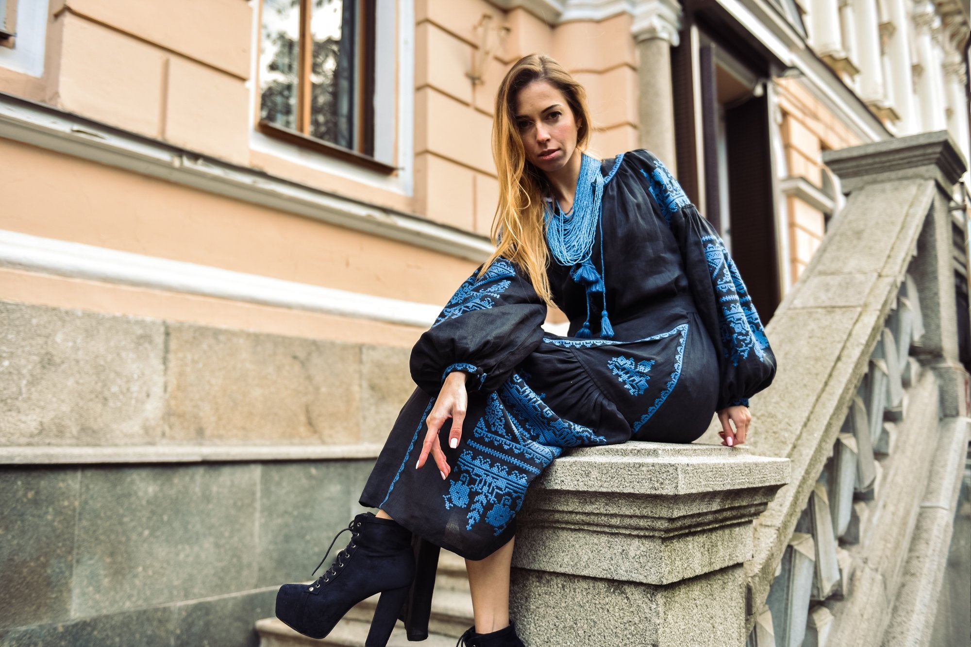 Black Boho Ukrainian Vyshyvanka Dress for Women