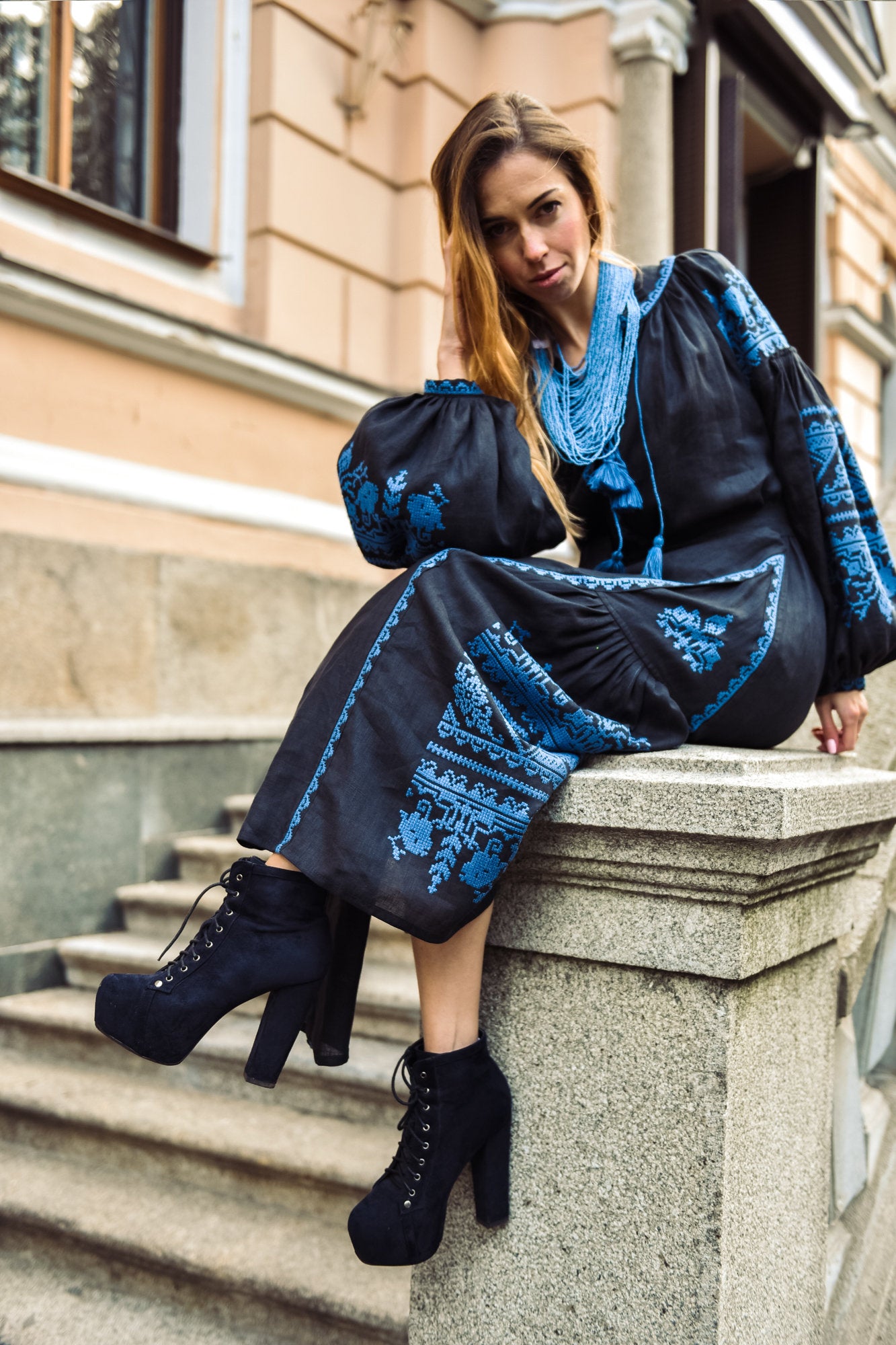 Black Boho Ukrainian Vyshyvanka Dress for Women