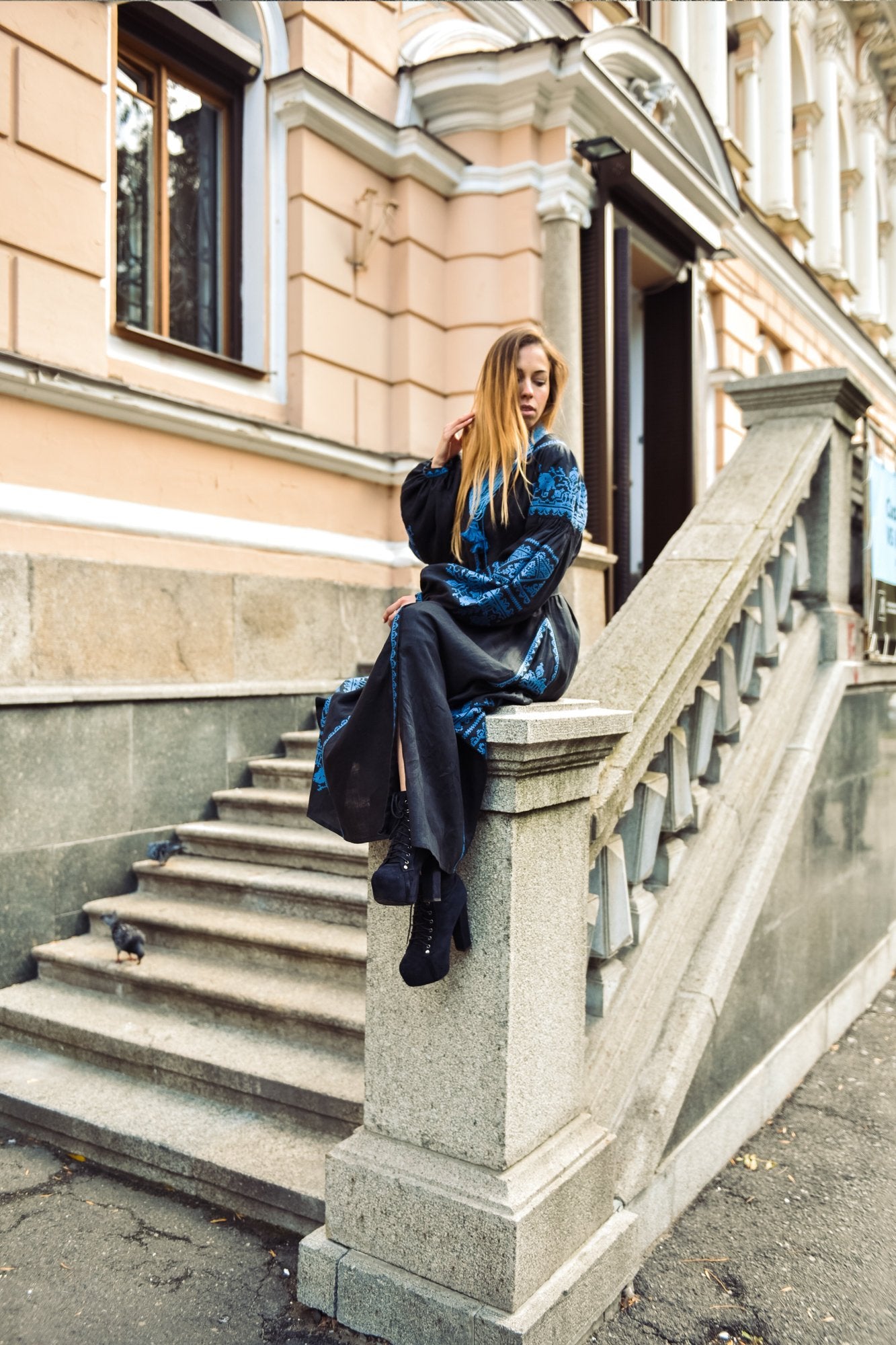 Black Boho Ukrainian Vyshyvanka Dress for Women