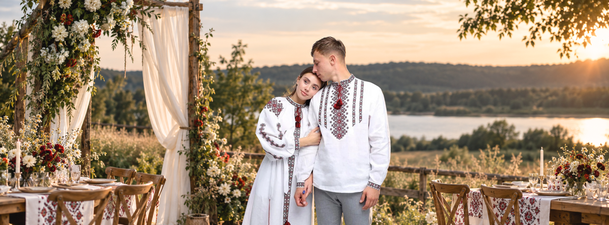 NDUkraine wedding banner showing bride in embroidered white dress and groom in linen shirt at sunset