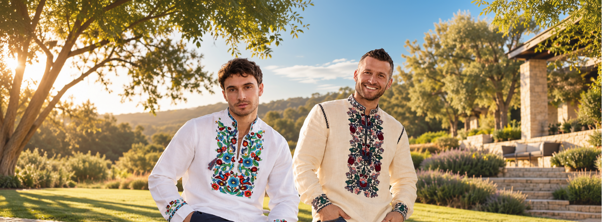 Authentic Ukrainian vyshyvanka for men featuring colorful traditional embroidery in a sunny outdoor setting by ND Ukraine.