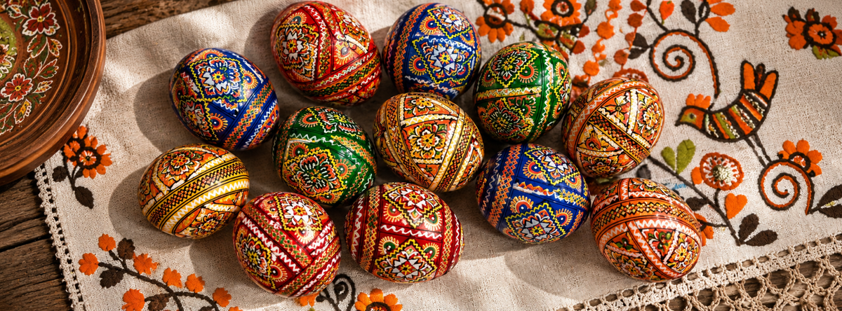Collection of colorful handcrafted Ukrainian pysanky displayed on a traditional embroidered runner by NDUkraine.