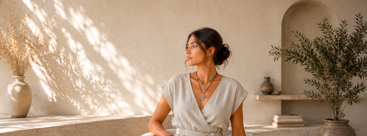 Modern Ukrainian ethnic jewelry collection by ND Ukraine styled with contemporary casual outfits.
