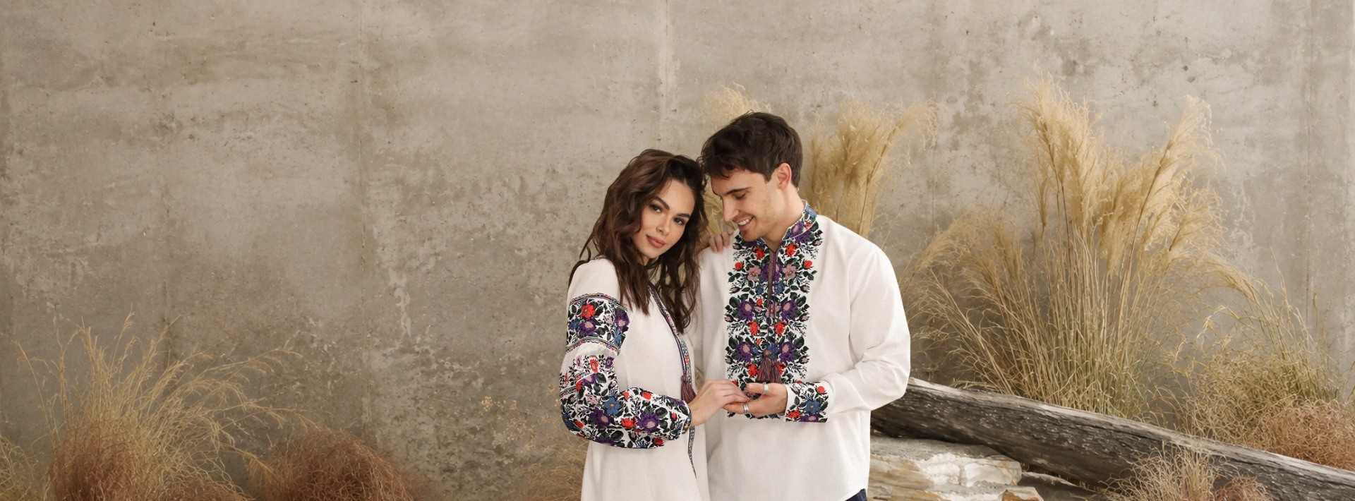 Modern ethnic couples matching embroidered wedding dress and groom embroidered shirt from ND Ukraine