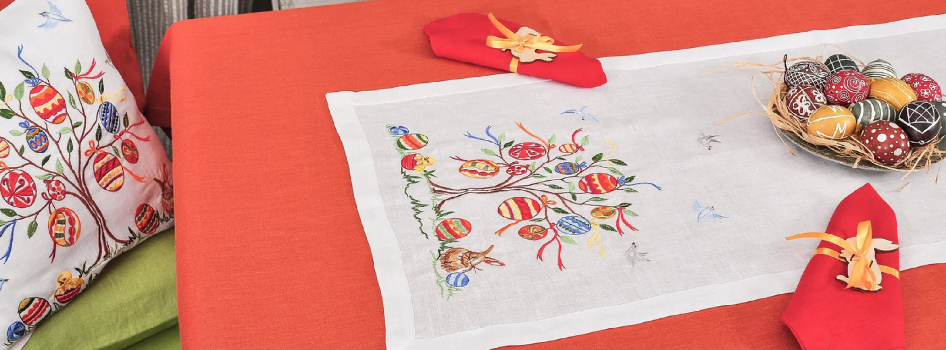 Spring Easter table runner from NDUkraine with elegant Ukrainian embroidery for festive home decor.