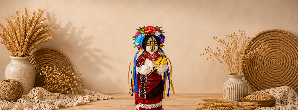 Authentic handcrafted Ukrainian Motanka doll featuring traditional embroidery and natural textiles, created by NDUkraine.