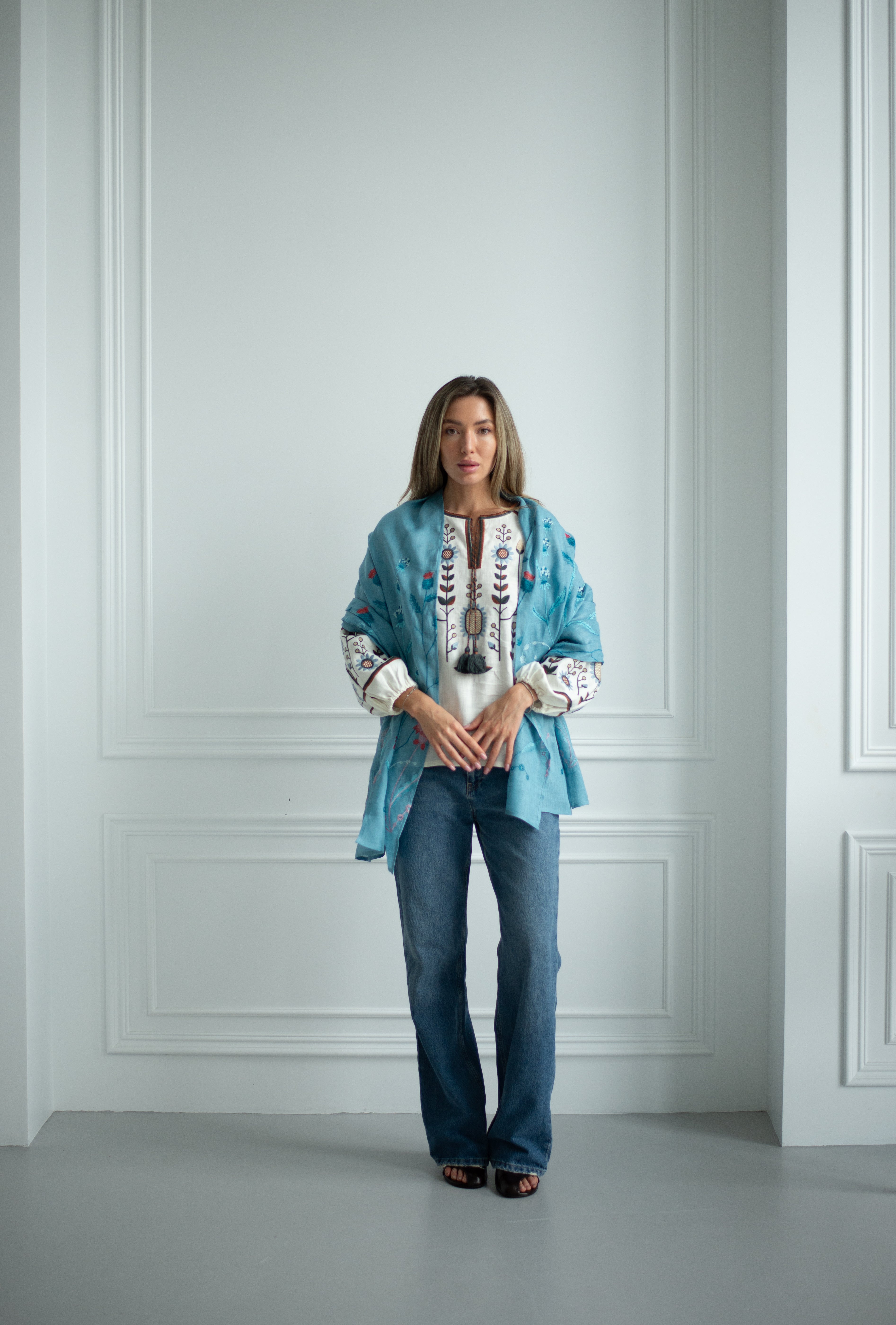 Embroidered Blue Linen Shawl with Floral Design Perfect Scarf