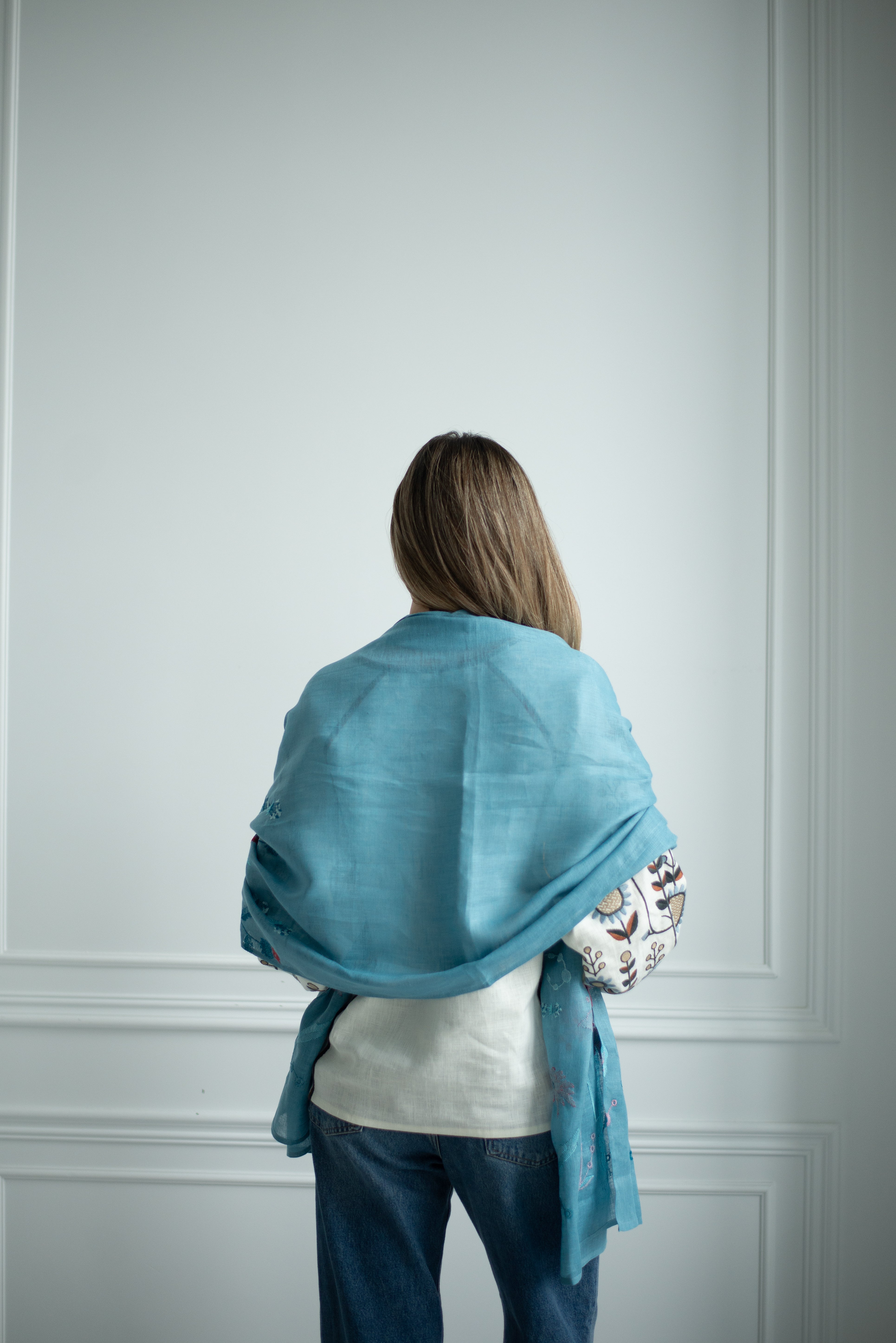 Embroidered Blue Linen Shawl with Floral Design Perfect Scarf