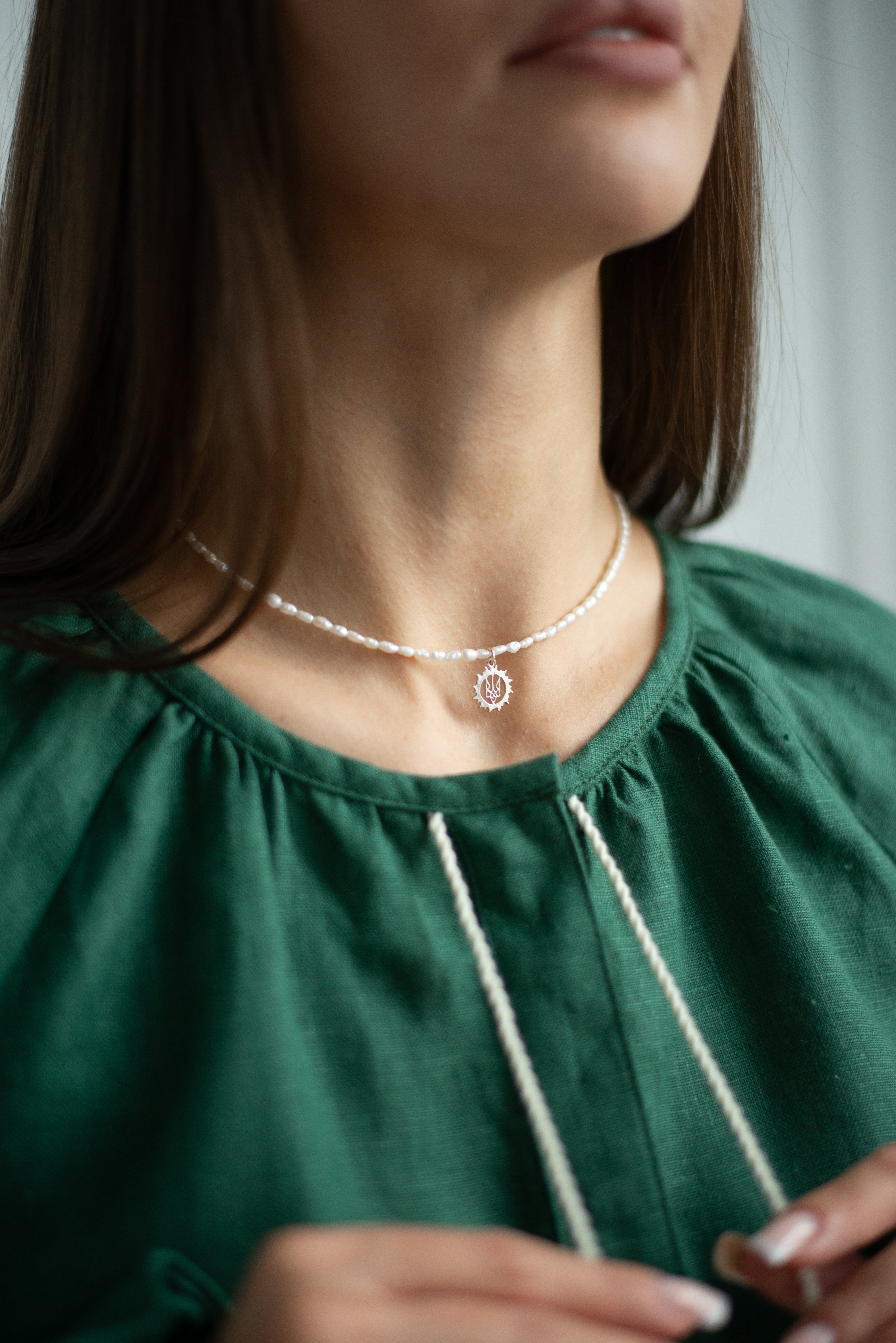 Ukrainian Trident Necklace with Natural River Pearls - Handmade Traditional Jewelry